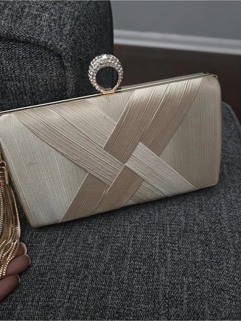 Elegant Champagne Satin Evening Clutch with Crystal Ring
